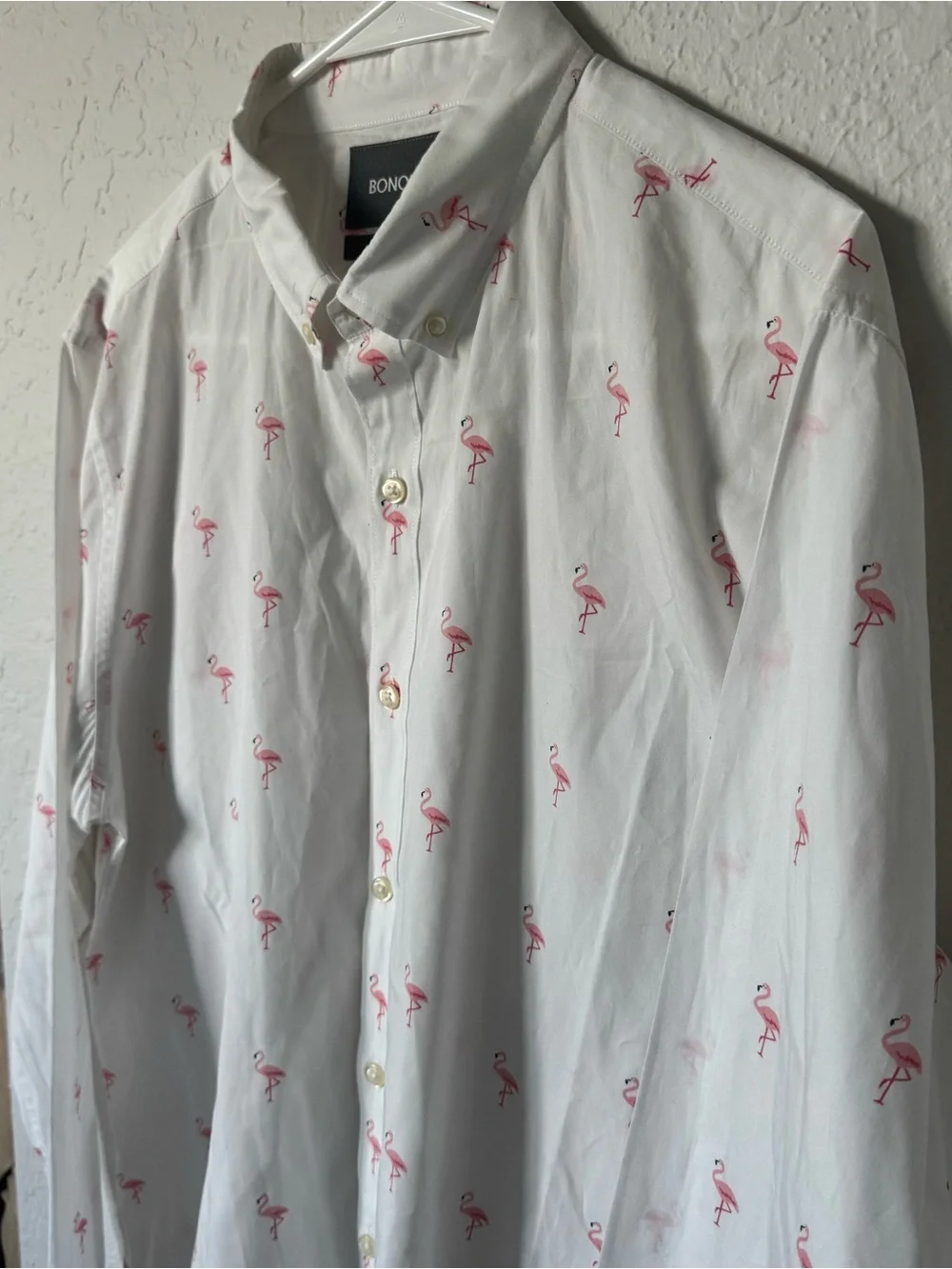Bonobos White Button-Down Shirt with Pink Flamingo Print